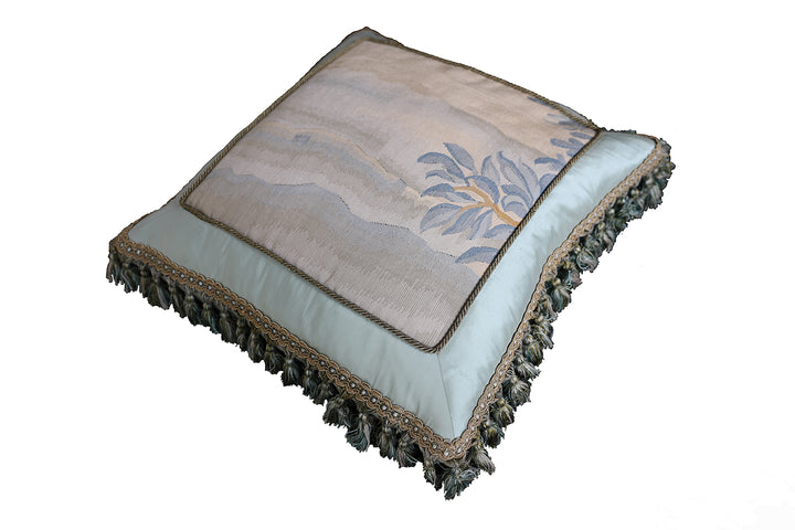Handmade 22x22 light blue landscape silk and wool Aubusson pillowcase with tassels by Ariana Rugs West Hollywood