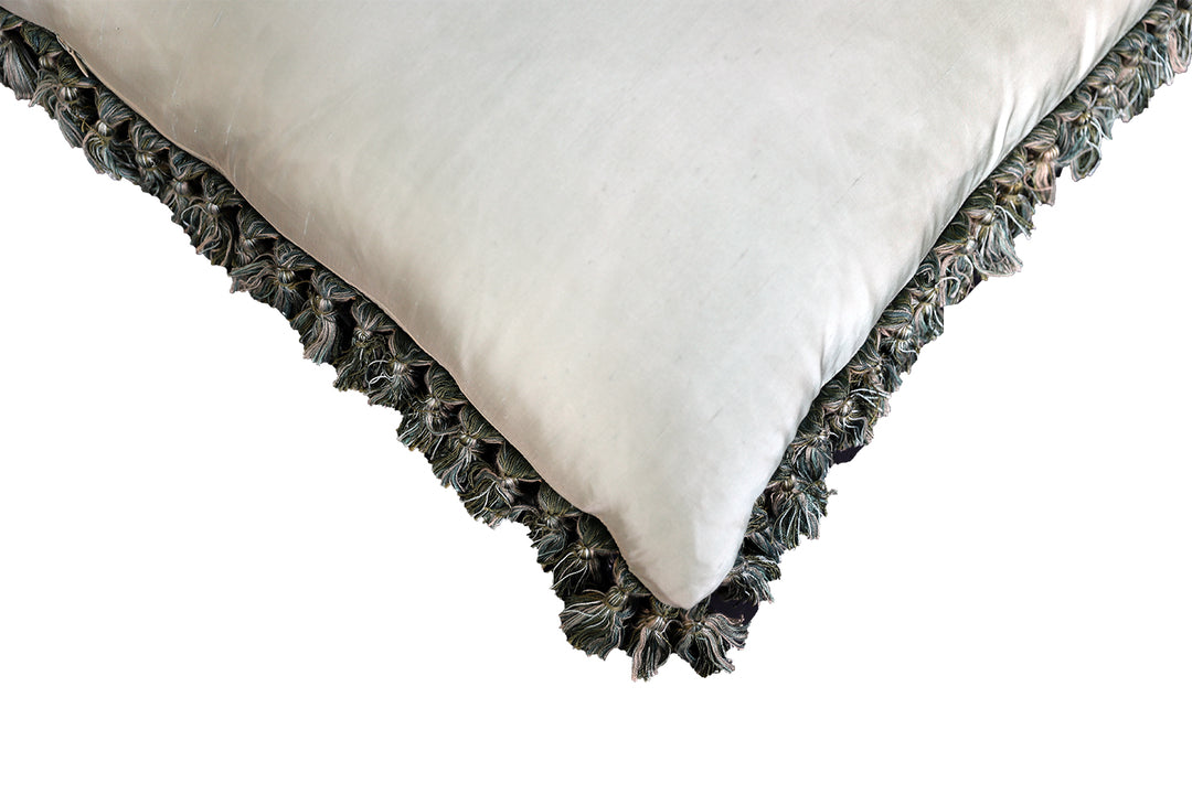 Handmade 22x22 light blue landscape silk and wool Aubusson pillowcase with tassels by Ariana Rugs West Hollywood