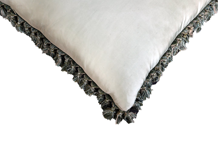 Handmade 22x22 light blue landscape silk and wool Aubusson pillowcase with tassels by Ariana Rugs West Hollywood