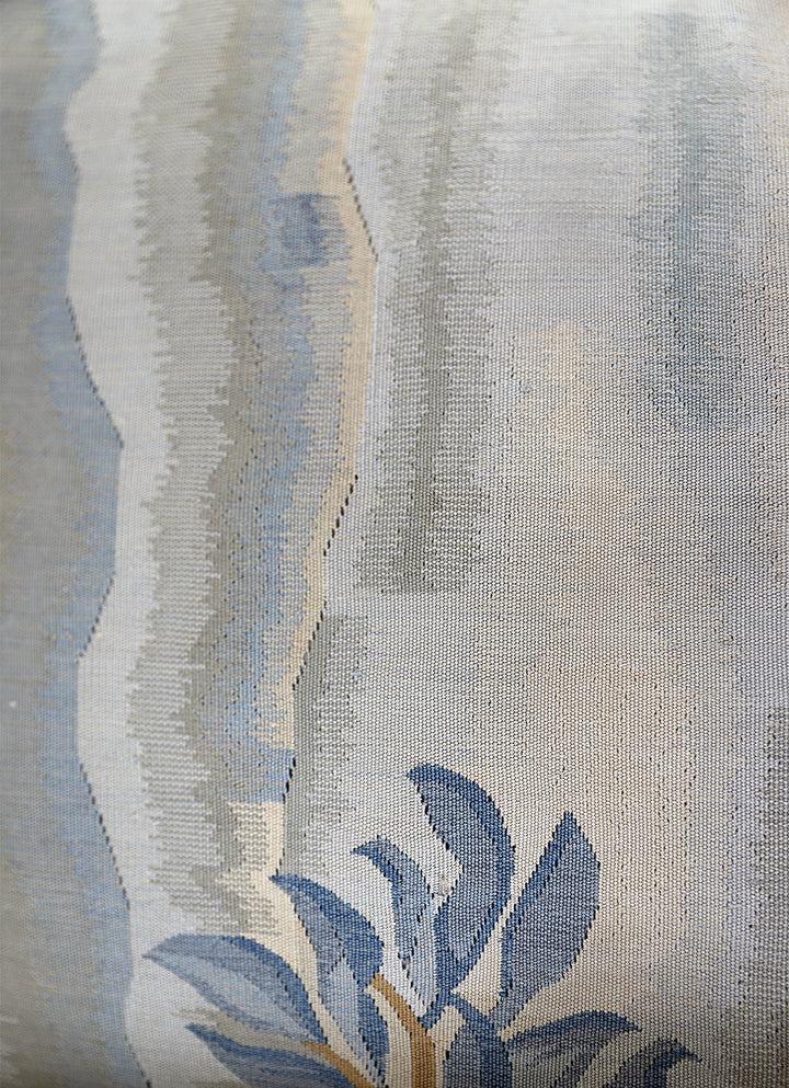 Handmade 22x22 light blue landscape silk and wool Aubusson pillowcase with tassels by Ariana Rugs West Hollywood