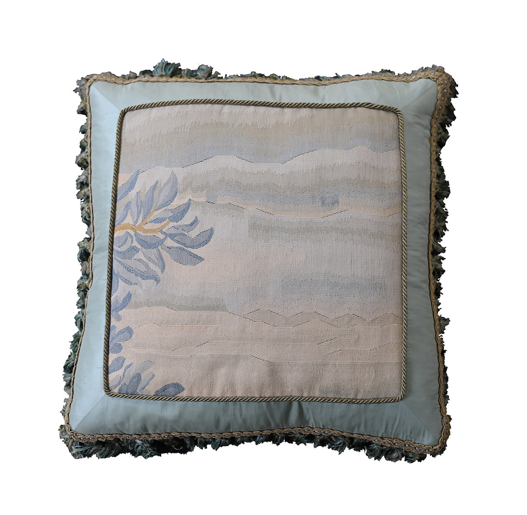 Handmade 22x22 light blue landscape silk and wool Aubusson pillowcase with tassels by Ariana Rugs West Hollywood