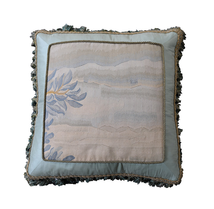 Handmade 22x22 light blue landscape silk and wool Aubusson pillowcase with tassels by Ariana Rugs West Hollywood