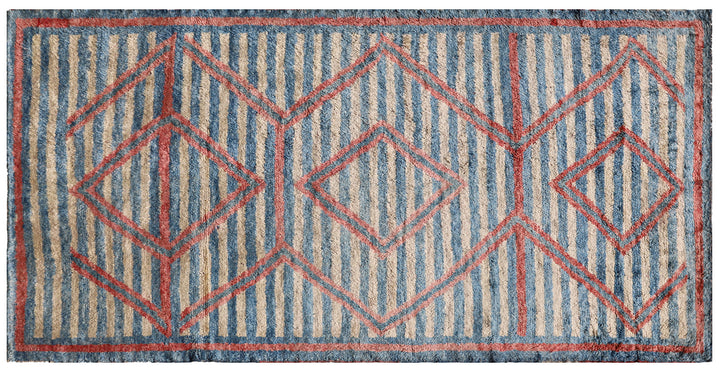 Authentic 6x12 Long Pile Shaggy Turkish Rug - Blue and White Stripe