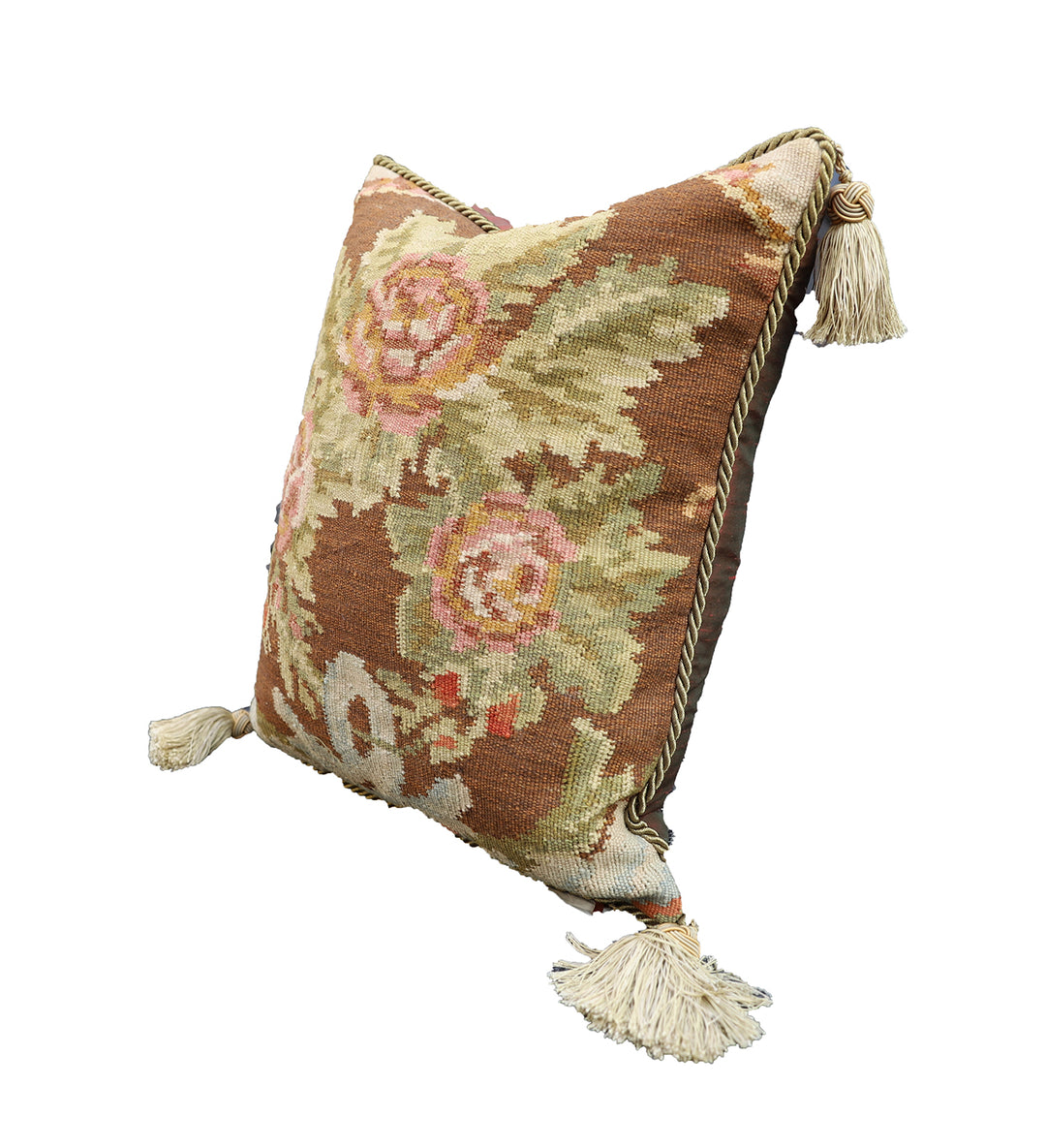Handcrafted 18x20 brown Bessarabian kilim accent pillow with floral pattern and red silk backing by Ariana Rugs West Hollywood