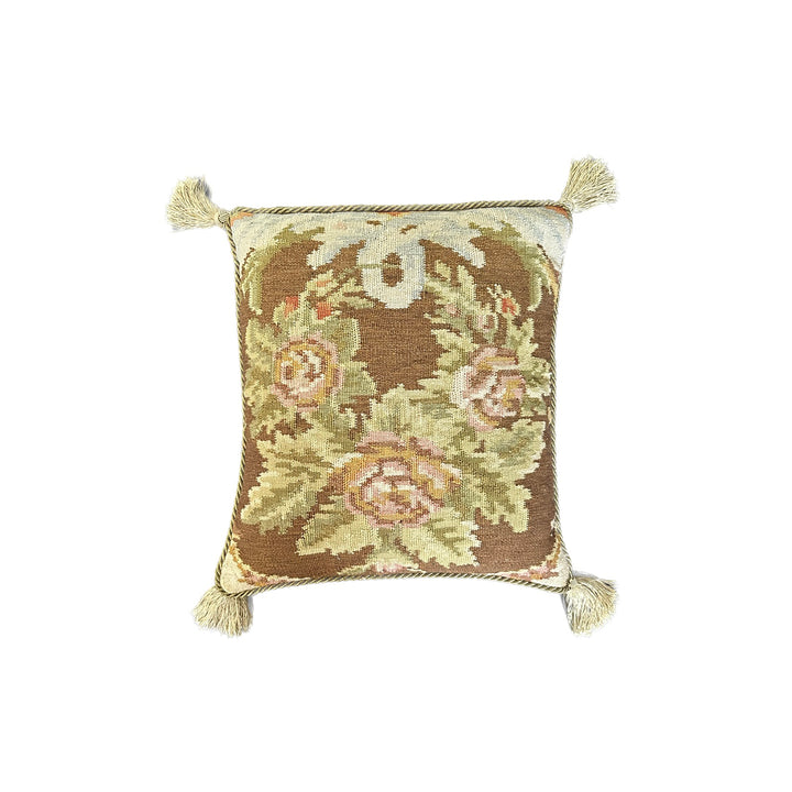 Handcrafted 18x20 brown Bessarabian kilim accent pillow with floral pattern and red silk backing by Ariana Rugs West Hollywood