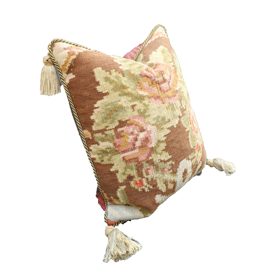 Handcrafted 18x20 brown Bessarabian kilim accent pillow with floral pattern and red silk backing by Ariana Rugs West Hollywood