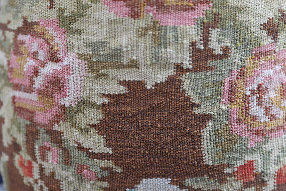 Handcrafted 18x20 brown Bessarabian kilim accent pillow with floral pattern and red silk backing by Ariana Rugs West Hollywood