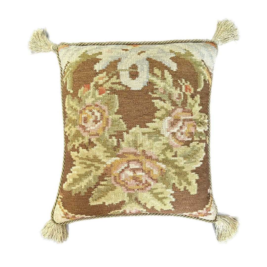 Handcrafted 18x20 brown Bessarabian kilim accent pillow with floral pattern and red silk backing by Ariana Rugs West Hollywood
