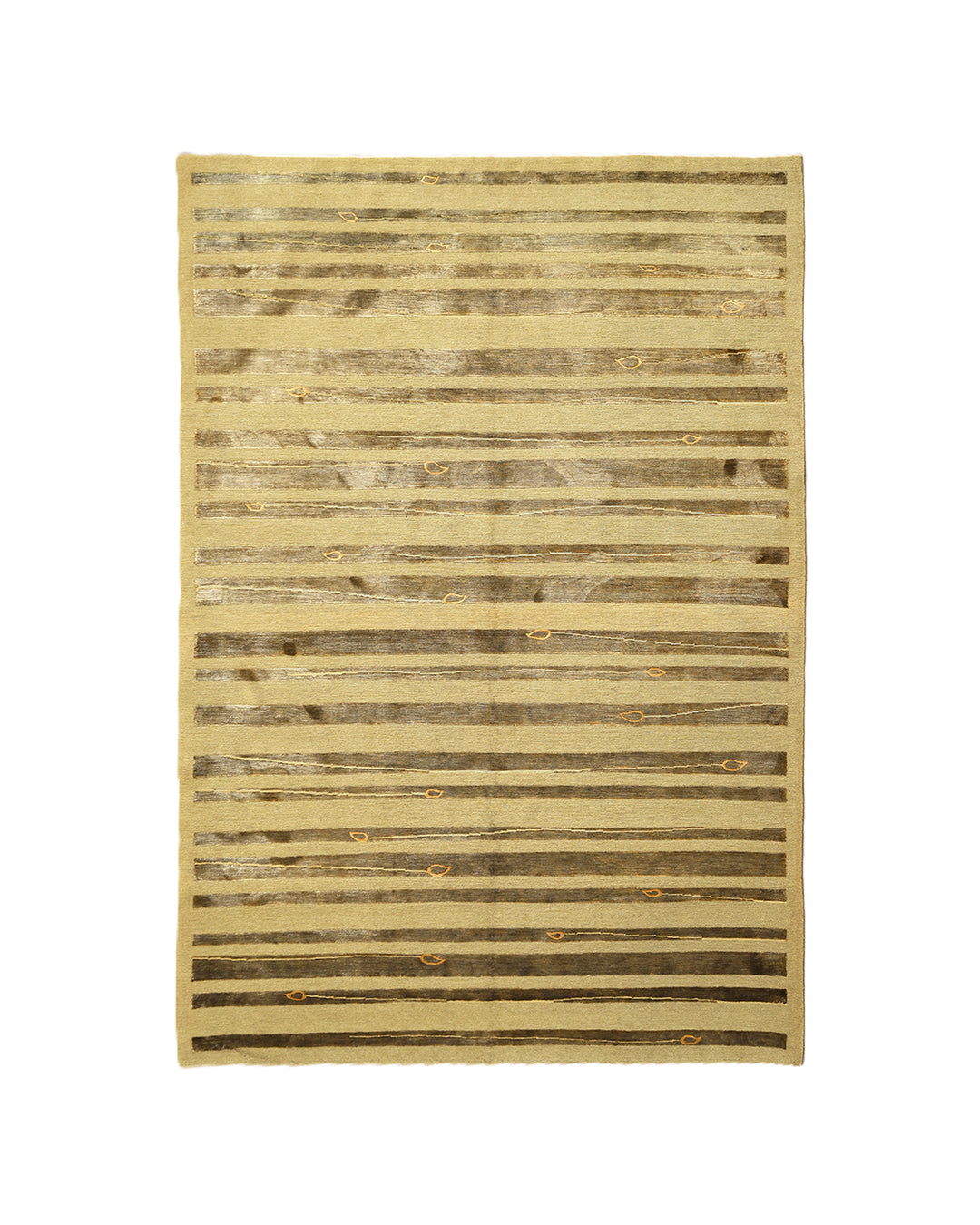 Hand-knotted Modern Tibetan Ariana rug in wool and silk featuring a geometric pattern in gold and greenish hues