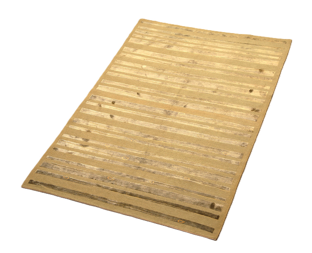 Hand-knotted Modern Tibetan Ariana rug in wool and silk featuring a geometric pattern in gold and greenish hues