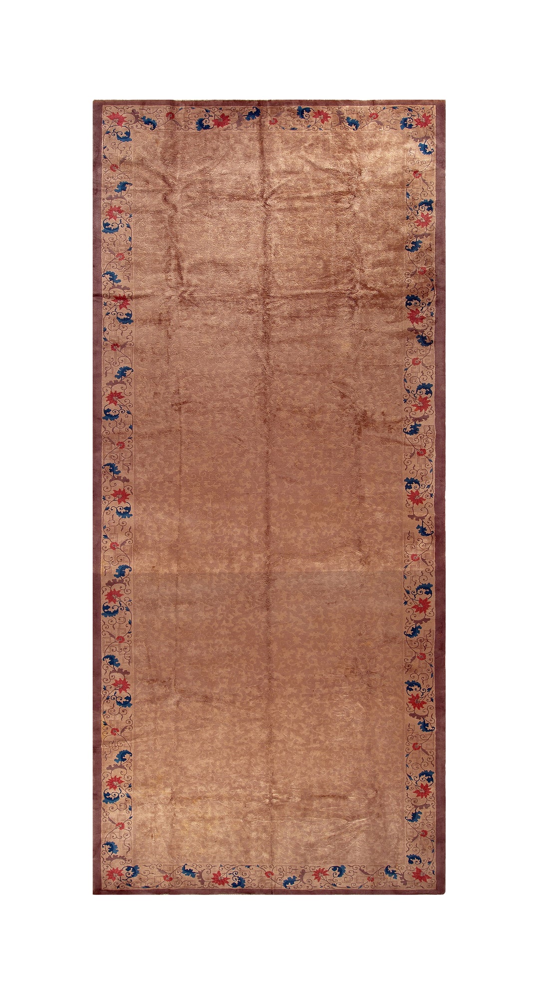 An immense 11x28 palace-sized vintage Chinese Art Deco gallery rug featuring a royal blue field and a large orange floral central medallion in hand-knotted woo