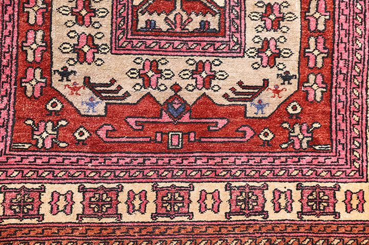 One-of-a-kind Afghan silk and wool rug 2x4 with geometric pattern in earthtone brown, red, and white