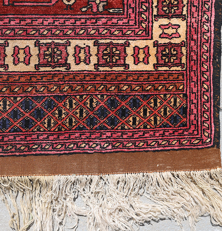 One-of-a-kind Afghan silk and wool rug 2x4 with geometric pattern in earthtone brown, red, and white