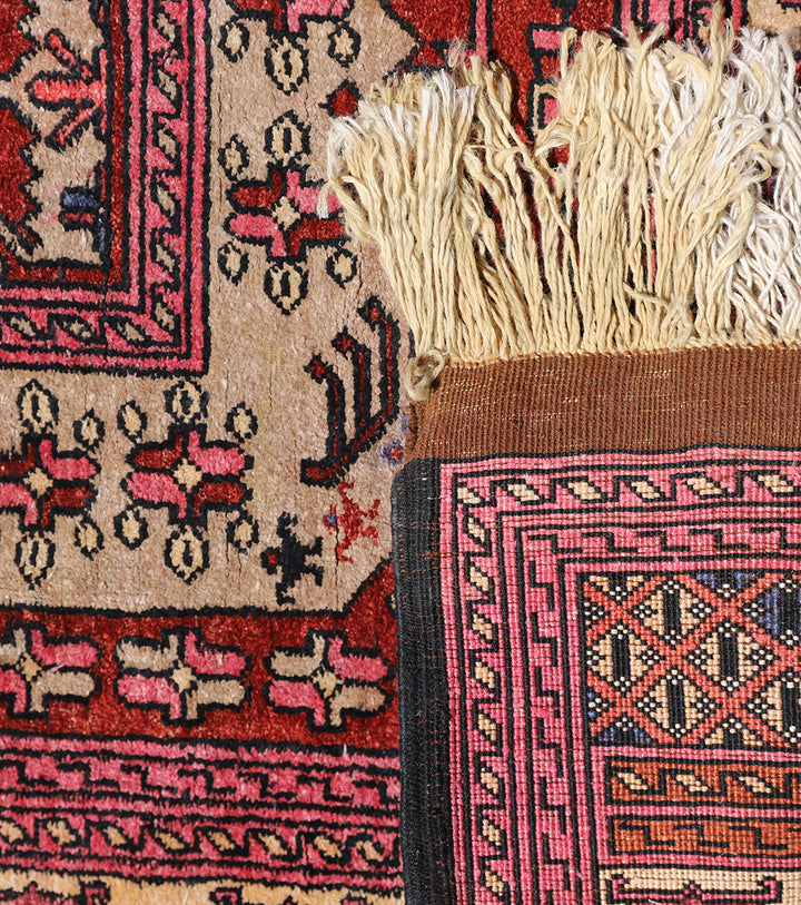 One-of-a-kind Afghan silk and wool rug 2x4 with geometric pattern in earthtone brown, red, and white