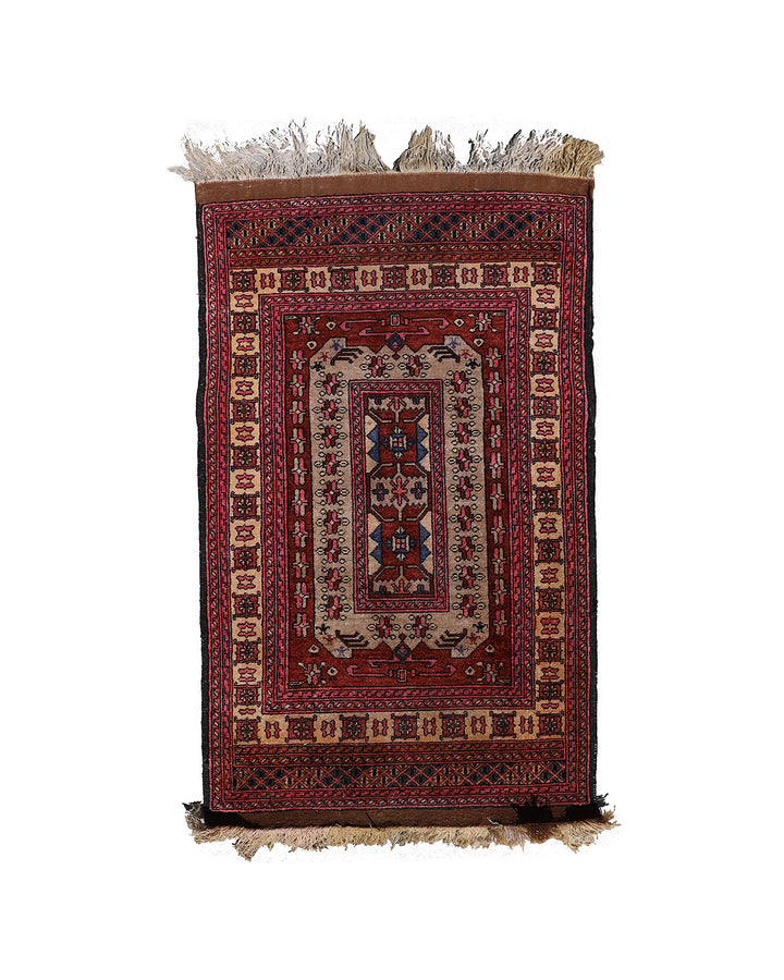 One-of-a-kind Afghan silk and wool rug 2x4 with geometric pattern in earthtone brown, red, and white
