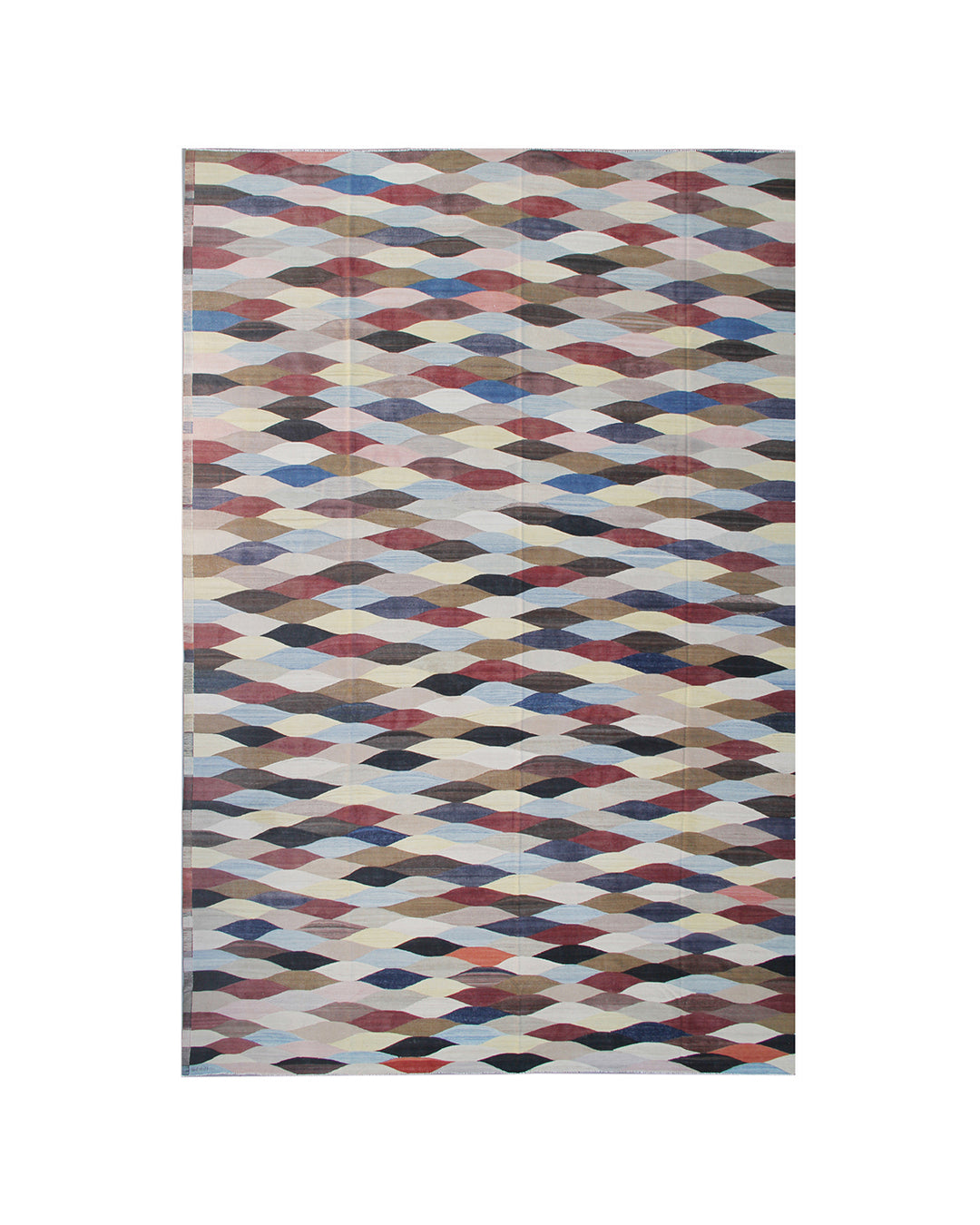 Multicolored geometric patterned rug on a white background