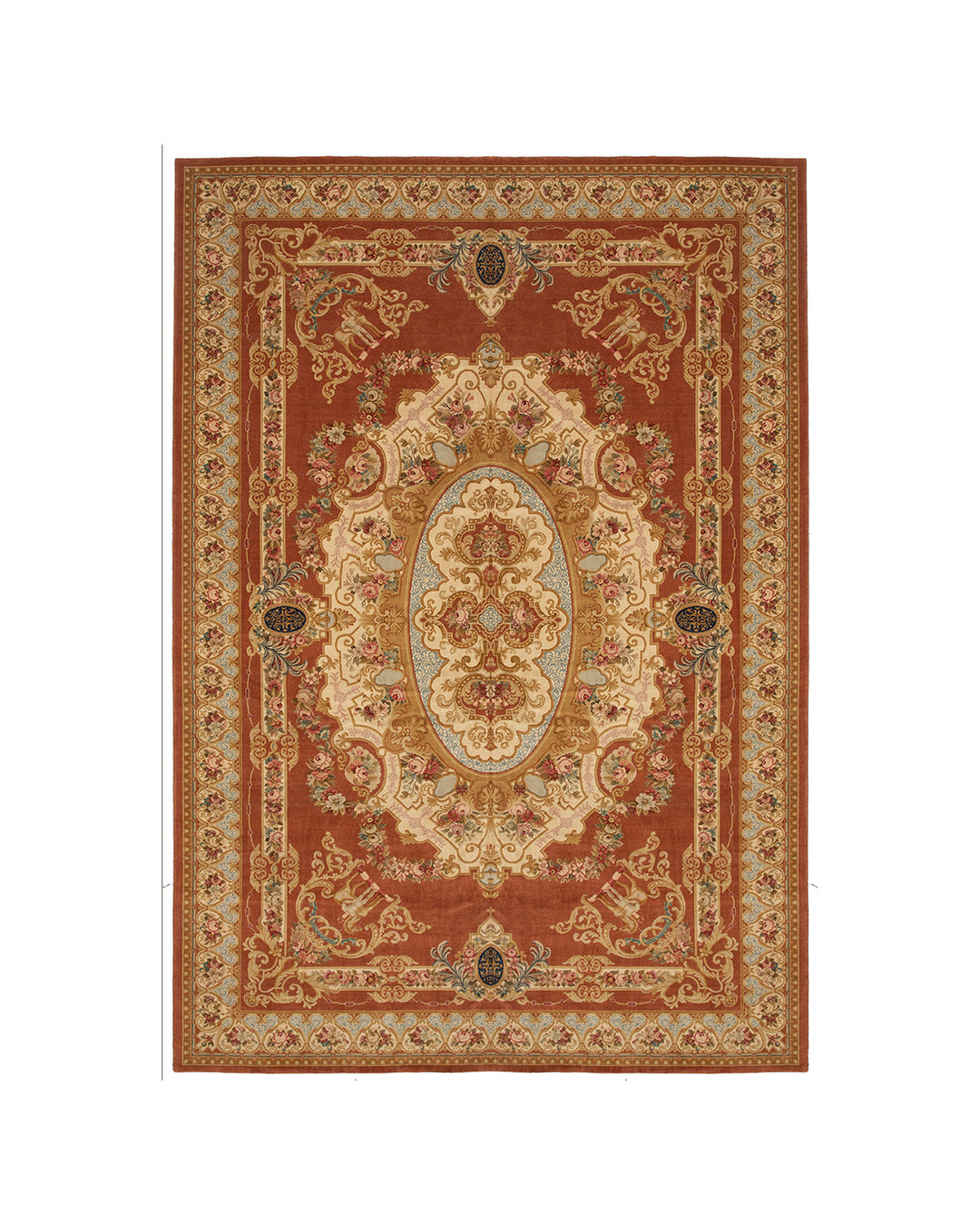 13x19 Rust and Terracotta Floral French Savonnerie Medallion Rug