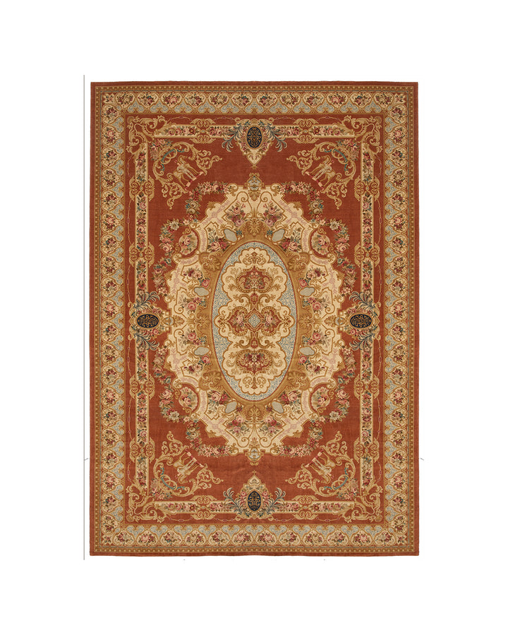 13x19 Rust and Terracotta Floral French Savonnerie Medallion Rug