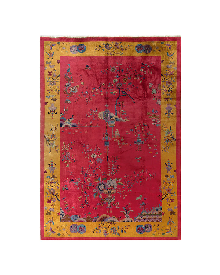 A 10x14 vintage Chinese Art Deco rug in perfect condition with a vibrant red field, gold borders, and hand-knotted dragon, butterfly, and lantern motifs.