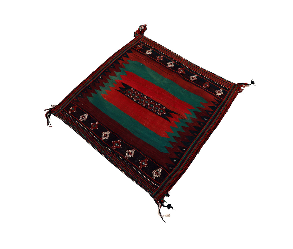 Authentic 4'x4' square Persian Rukursi Sofreh Kilim tribal rug with a hand-woven wool chevron pattern and textured flatweave pile details.