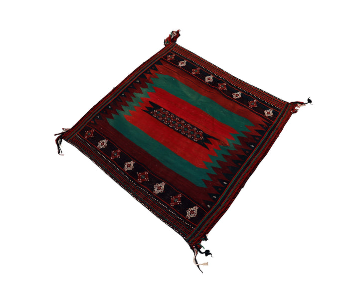 Authentic 4'x4' square Persian Rukursi Sofreh Kilim tribal rug with a hand-woven wool chevron pattern and textured flatweave pile details.