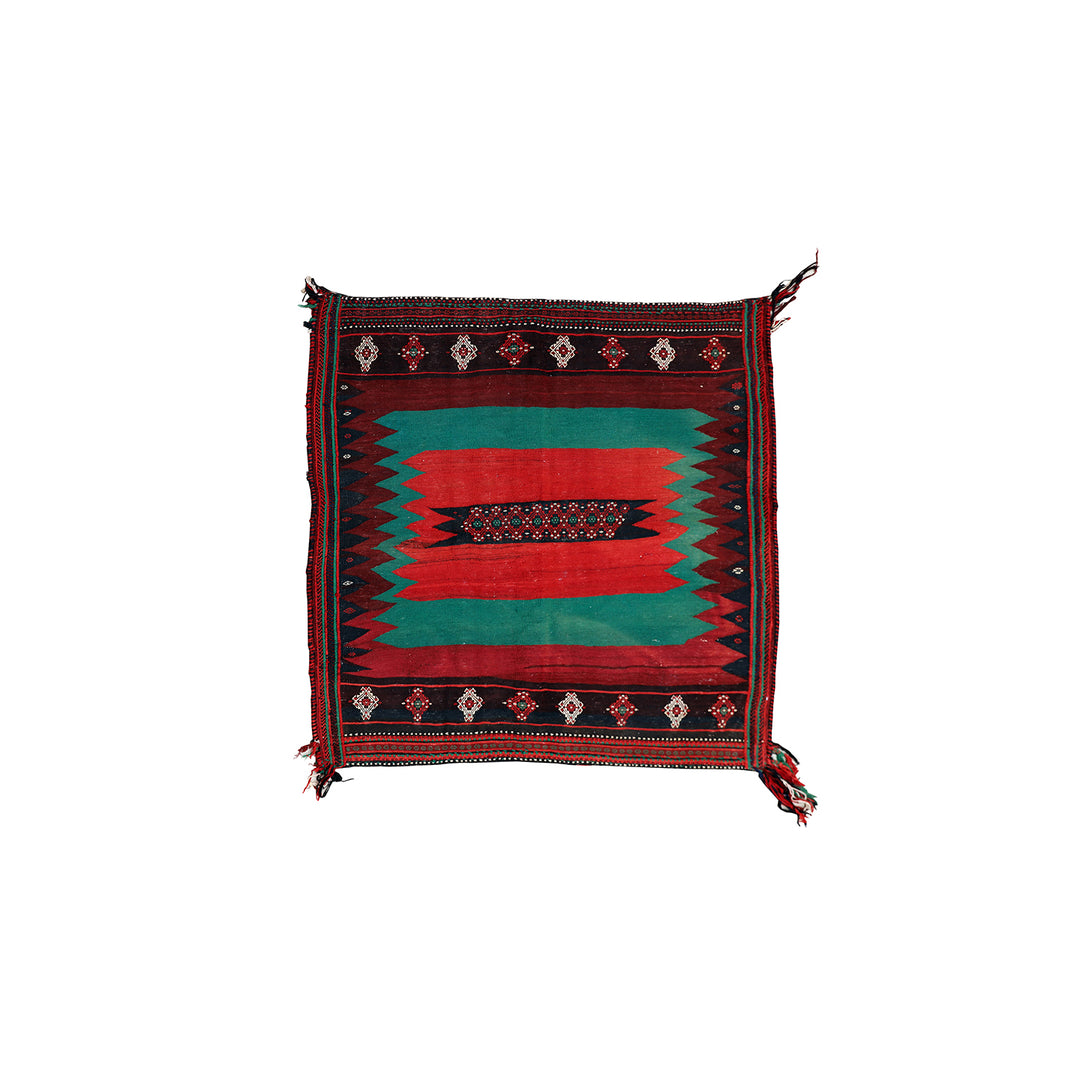 Authentic 4'x4' square Persian Rukursi Sofreh Kilim tribal rug with a hand-woven wool chevron pattern and textured flatweave pile details.
