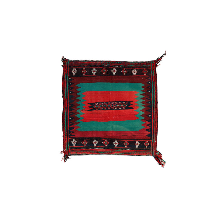 Authentic 4'x4' square Persian Rukursi Sofreh Kilim tribal rug with a hand-woven wool chevron pattern and textured flatweave pile details.