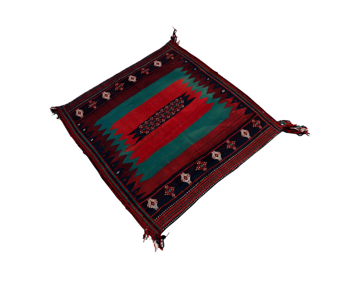 Authentic 4'x4' square Persian Rukursi Sofreh Kilim tribal rug with a hand-woven wool chevron pattern and textured flatweave pile details.