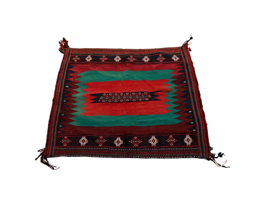 Authentic 4'x4' square Persian Rukursi Sofreh Kilim tribal rug with a hand-woven wool chevron pattern and textured flatweave pile details.
