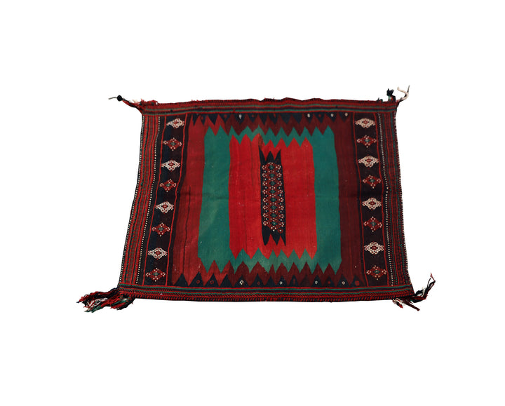 Authentic 4'x4' square Persian Rukursi Sofreh Kilim tribal rug with a hand-woven wool chevron pattern and textured flatweave pile details.