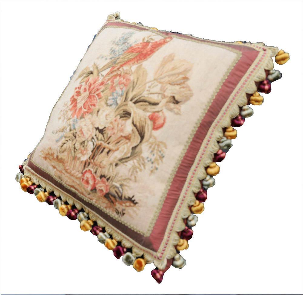 Handmade 2x2 Perot Floral and Red Bird Pictorial luxury wool pillow cover by Ariana Rugs West Hollywood
