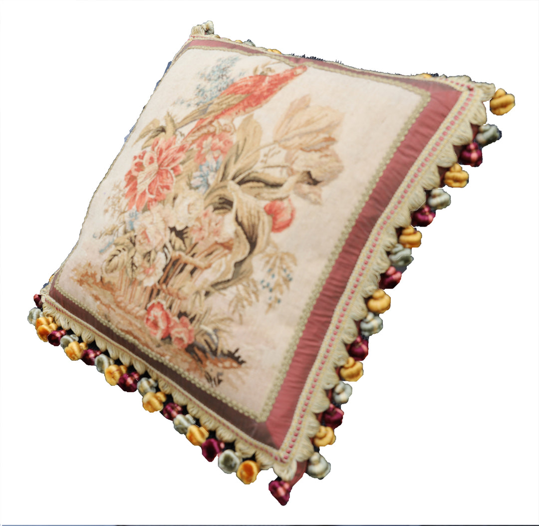 Handmade 2x2 Perot Floral and Red Bird Pictorial luxury wool pillow cover by Ariana Rugs West Hollywood