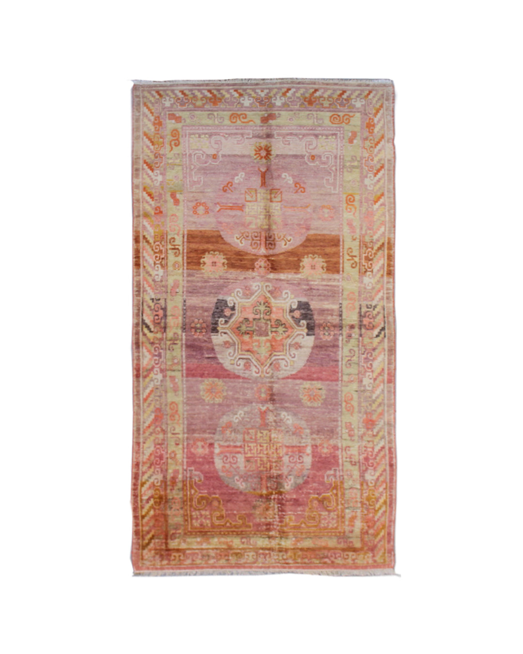 Vintage antique Samarkand Khotan hand-knotted wool runner measuring 7'11" x 3'9" featuring a geometric medallion design in purple, pink, reds, and mauve.