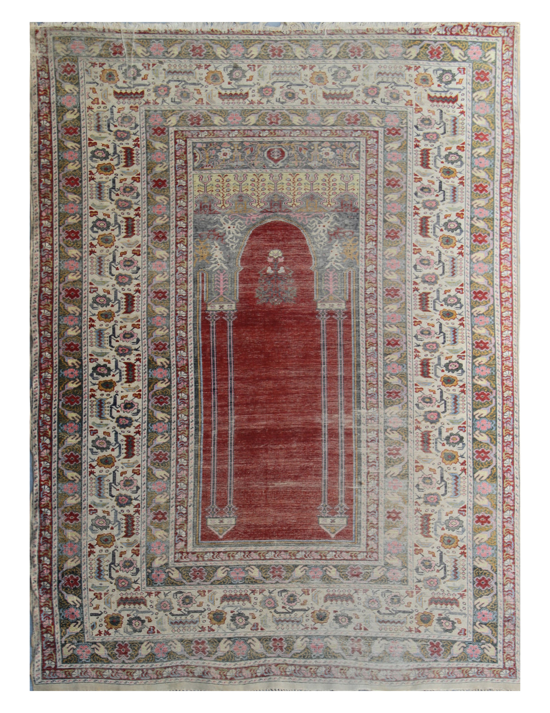 5'9" x 4'3" Rare Antique Ghiordes Western Anatolian Turkish Wool Prayer Rug with Mihrab Niche Design in Crimson Red, Ivory, Soft Pink, and Sage Green by Ariana Rugs West Hollywood