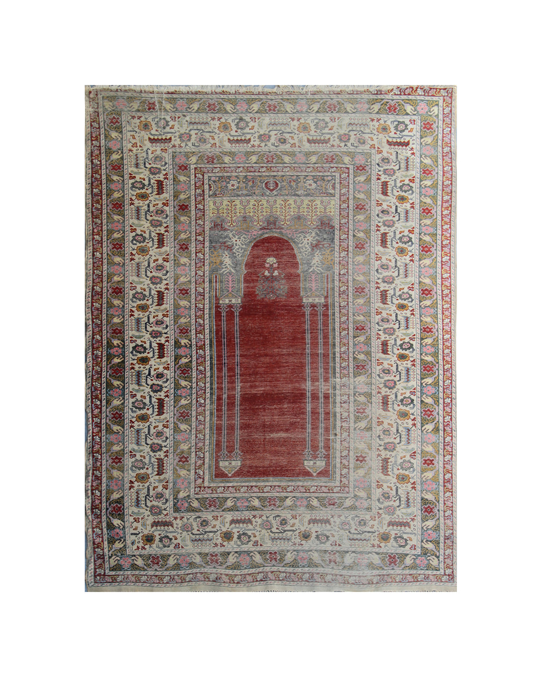 5'9" x 4'3" Rare Antique Ghiordes Western Anatolian Turkish Wool Prayer Rug with Mihrab Niche Design in Crimson Red, Ivory, Soft Pink, and Sage Green by Ariana Rugs West Hollywood