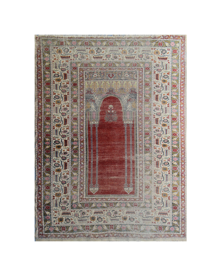 5'9" x 4'3" Rare Antique Ghiordes Western Anatolian Turkish Wool Prayer Rug with Mihrab Niche Design in Crimson Red, Ivory, Soft Pink, and Sage Green by Ariana Rugs West Hollywood