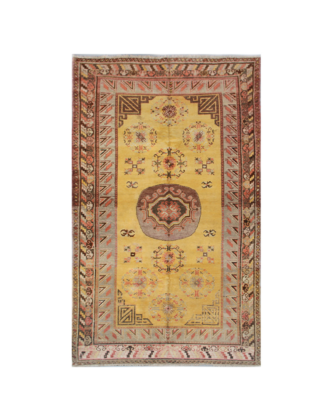 Rare antique hand-knotted Samarkand Khotan wool area rug featuring a central medallion on a unique luminous yellow field