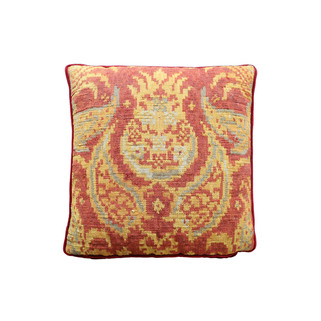 Handmade 2x2 red and yellow wool Aubusson pillowcase with blue accents by Ariana Rugs West Hollywood