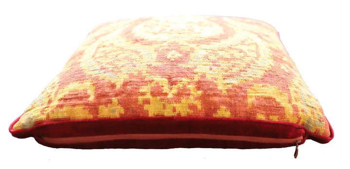 Handmade 2x2 red and yellow wool Aubusson pillowcase with blue accents by Ariana Rugs West Hollywood