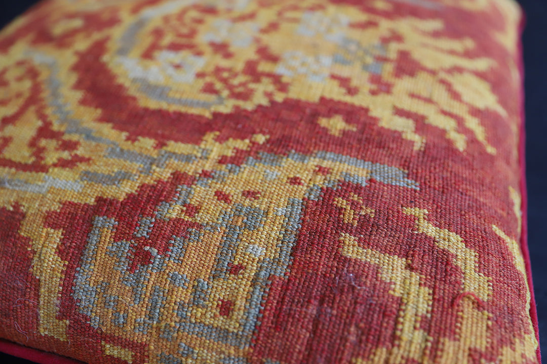 Handmade 2x2 red and yellow wool Aubusson pillowcase with blue accents by Ariana Rugs West Hollywood