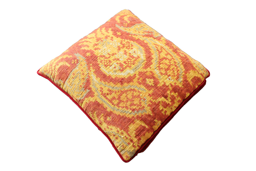 Handmade 2x2 red and yellow wool Aubusson pillowcase with blue accents by Ariana Rugs West Hollywood