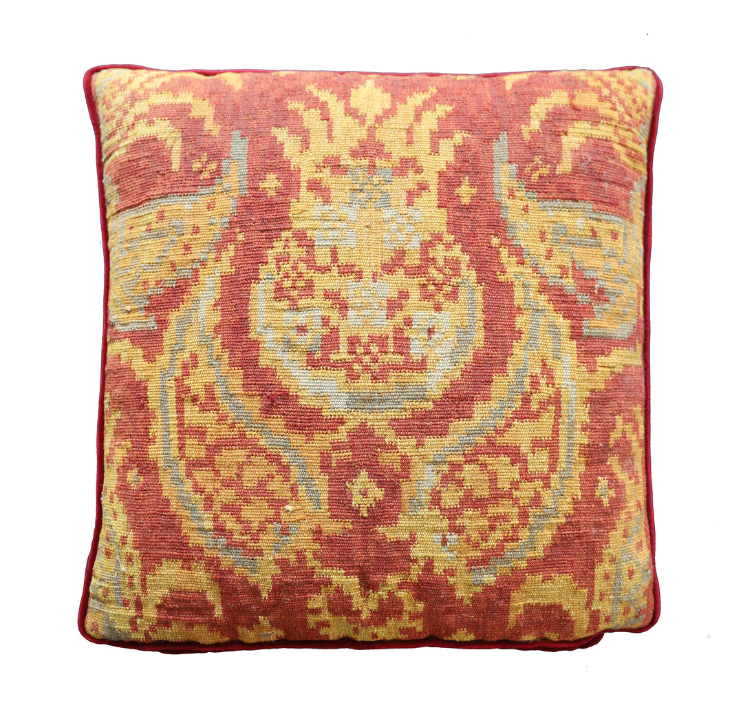 Handmade 2x2 red and yellow wool Aubusson pillowcase with blue accents by Ariana Rugs West Hollywood