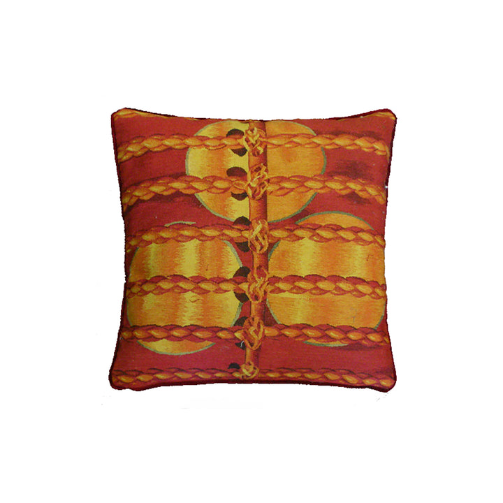 Handmade 19x19 red and yellow wool Aubusson pillowcase with luxury soft velvet backing by Ariana Rugs West Hollywood
