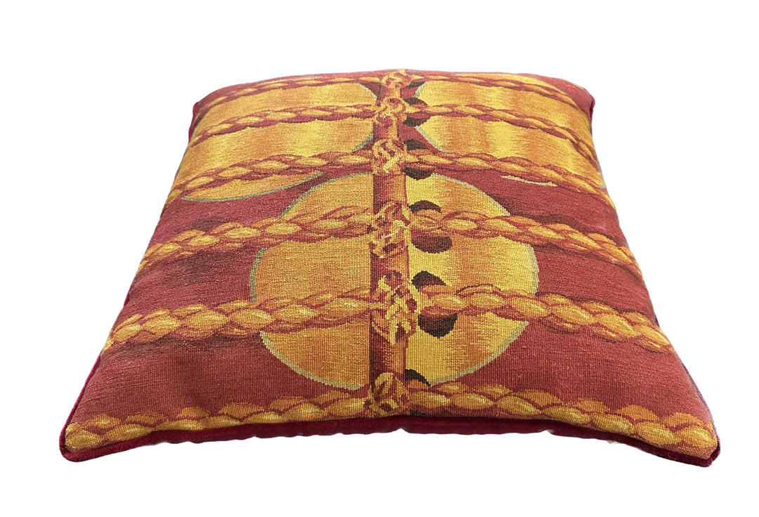 Handmade 19x19 red and yellow wool Aubusson pillowcase with luxury soft velvet backing by Ariana Rugs West Hollywood