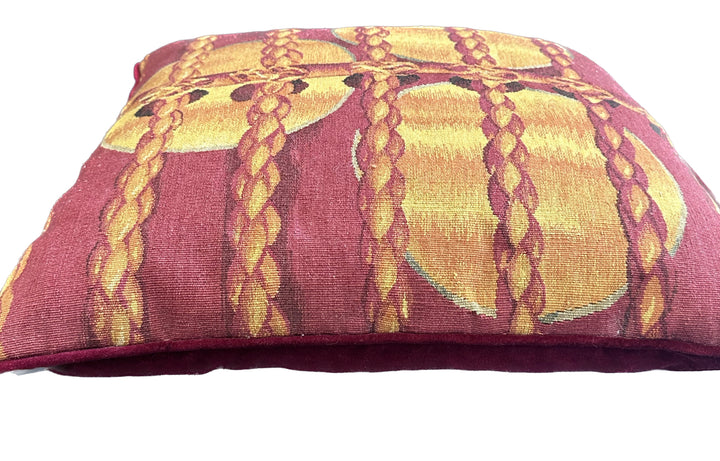 Handmade 19x19 red and yellow wool Aubusson pillowcase with luxury soft velvet backing by Ariana Rugs West Hollywood