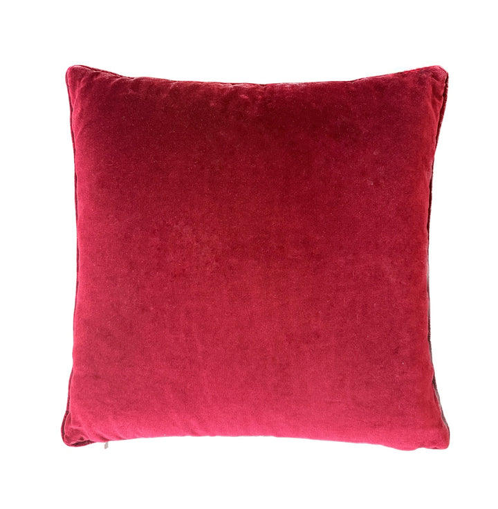 Handmade 19x19 red and yellow wool Aubusson pillowcase with luxury soft velvet backing by Ariana Rugs West Hollywood