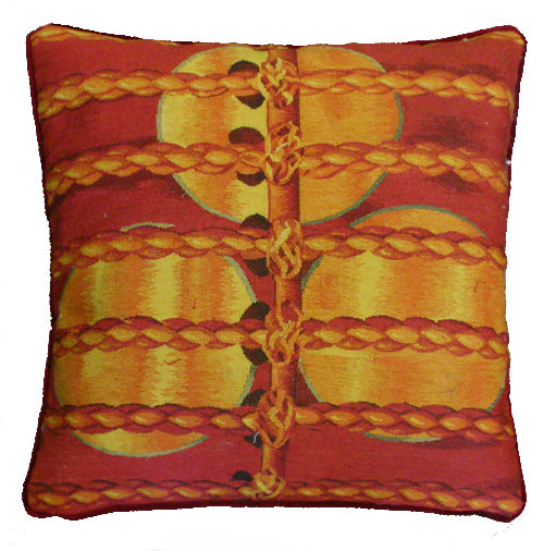 Handmade 19x19 red and yellow wool Aubusson pillowcase with luxury soft velvet backing by Ariana Rugs West Hollywood