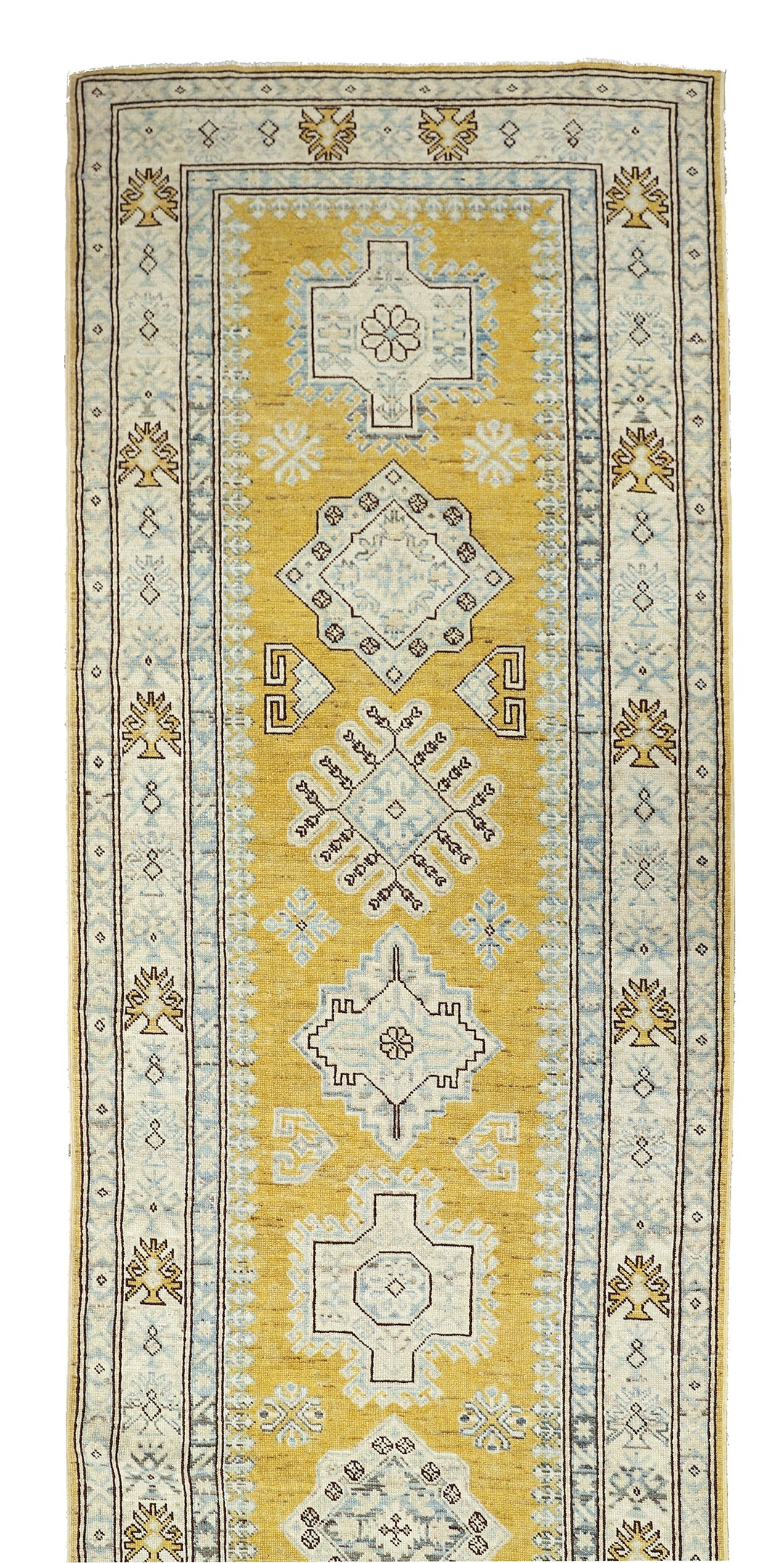 3x35 Yellow Gold Ivory Blue Brown Contemporary Caucasian Design Ariana Hazara Collection Long Runner Rug