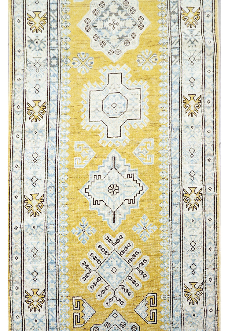 3x35 Yellow Gold Ivory Blue Brown Contemporary Caucasian Design Ariana Hazara Collection Long Runner Rug