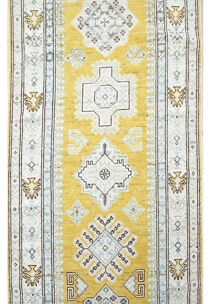 3x35 Yellow Gold Ivory Blue Brown Contemporary Caucasian Design Ariana Hazara Collection Long Runner Rug